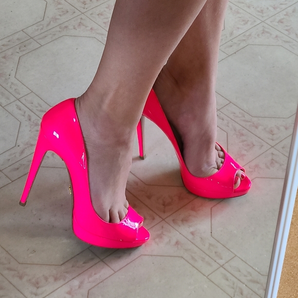 Auth PRADA Rosa Fluo Neon Patent Peep-toe Heels Size EU37/ US6.5 💗 - Picture 1 of 14